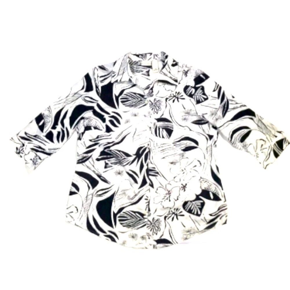 Kim Rogers Flower Floral 3/4 Sleeve Button Up Black and white women’s to…